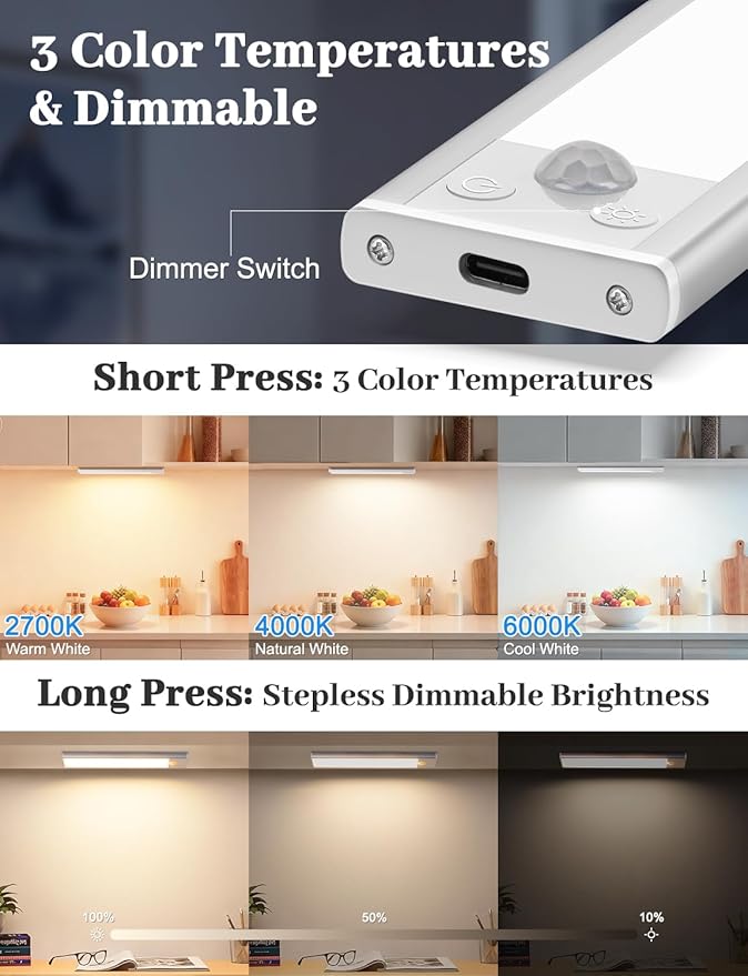 10in Under Cabinet Lighting with Charging Station, 2200mAh Rechargeable Wireless Motion Sensor Lights Indoor,Closet Lights with 3 Color Tempers, Battery Operated Cabinet Lights for Kitchen, 6-Pack