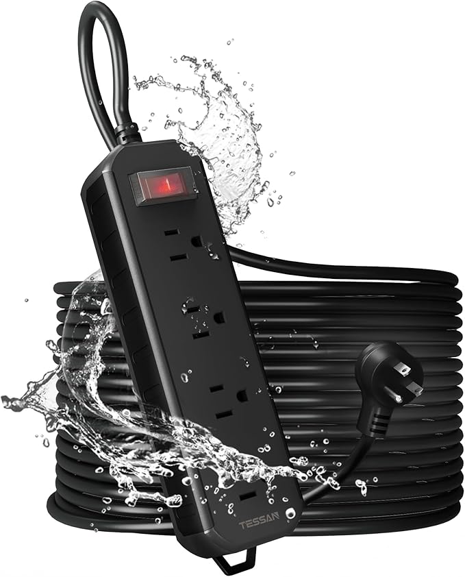 TESSAN Outdoor Power Strip Weatherproof, 50FT Extension Cord Waterproof with 4 Outlets 1 Switch (1250W), Surge Protector 1700J, Wall Mountable for Home Office and Patio Christmas Lights, Black