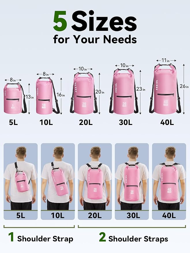HEETA Waterproof Dry Bag with Front Zippered Pocket for Women Men, 5L/10L/20L/30L/40L Roll Top Lightweight Dry Storage Bag Backpack for Travel, Kayaking, Boating, Rafting, Camping, Hiking & Beach