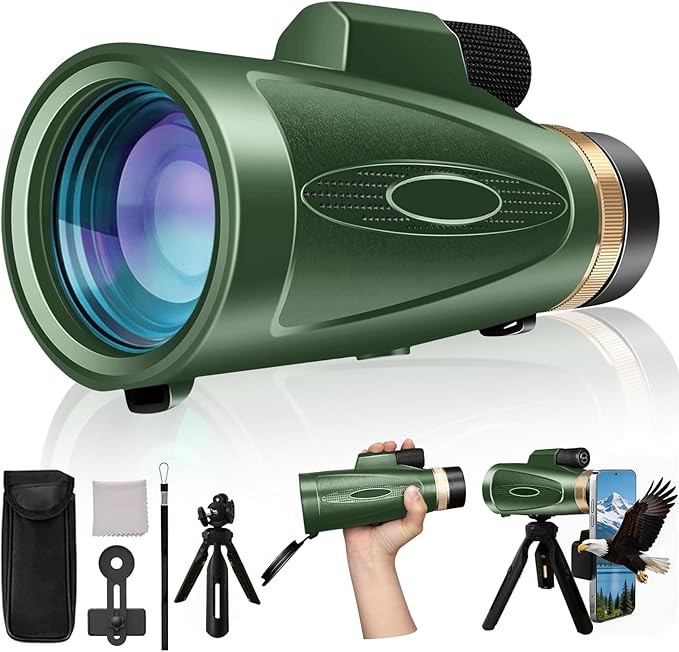 Monocular Telescope 12X60 HD High Power with Smartphone Adapter Tripod,Larger Vision Monoculars for Adults with BAK4 Prism & FMC Lens, Suitable for Bird Watching Hunting Hiking Camping Wildlife-Green