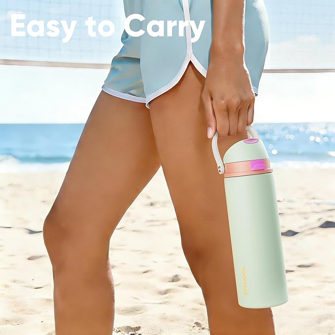 Insulated Water Bottle with Straw - Encool Stainless Steel Water Bottle with Push Button Lid, Leak-Proof & BPA-Free, Keeps Cold for 24 Hours for Sports, Travel, Gym (32 oz, Geyser Green)