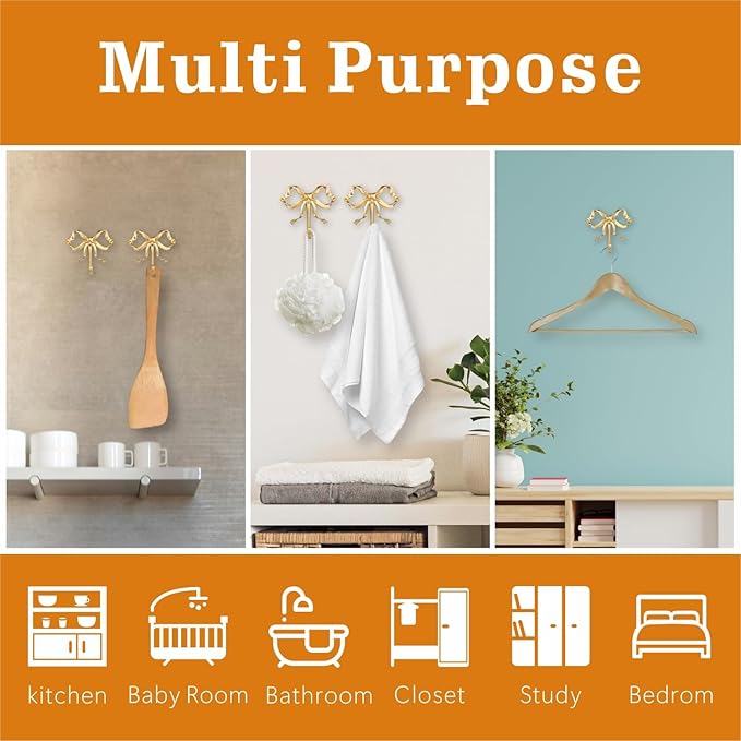 2 Pcs Gold Bow Wall Hooks - Elegant Brass Coat Hanger, Multi-Purpose Towel Hooks for Bathroom, Living Room & Kitchen - Elegant Gift for Home Decor (Gold 2L)