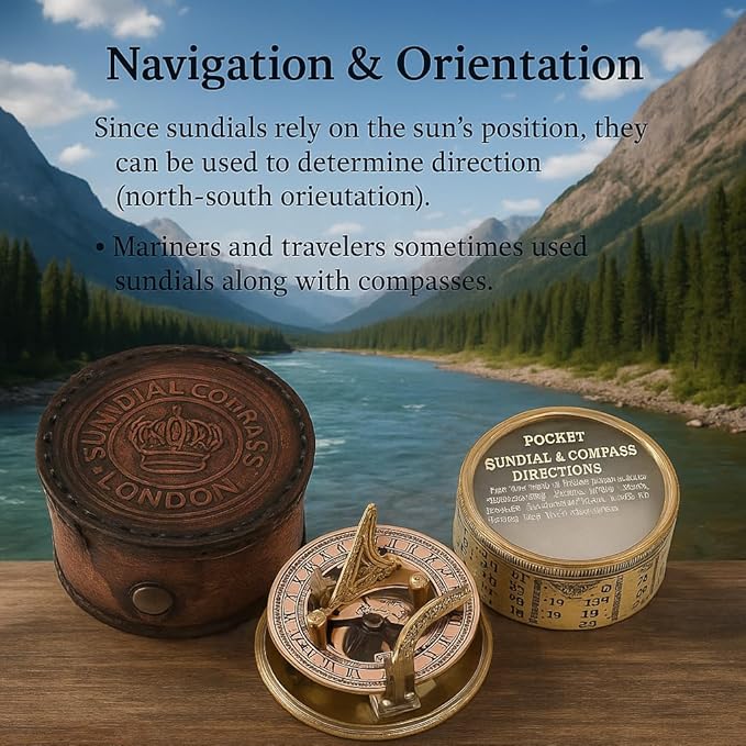 Vintage Brass Sundial Compass with Leather Case | Antique Marine Navigation Instrument & Engraved Calendar | Retro Pocket Compass for Outdoor Adventure, Collectors & Gifts