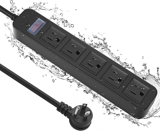 Outdoor Power Strip Waterproof with 5 Outlets, Garden Weatherproof Surge Protector, Christmas Multiple Outlet Exterior Socket for Lighting Appliances. 10FT Extension Cord Strip with Flat Plug. Black