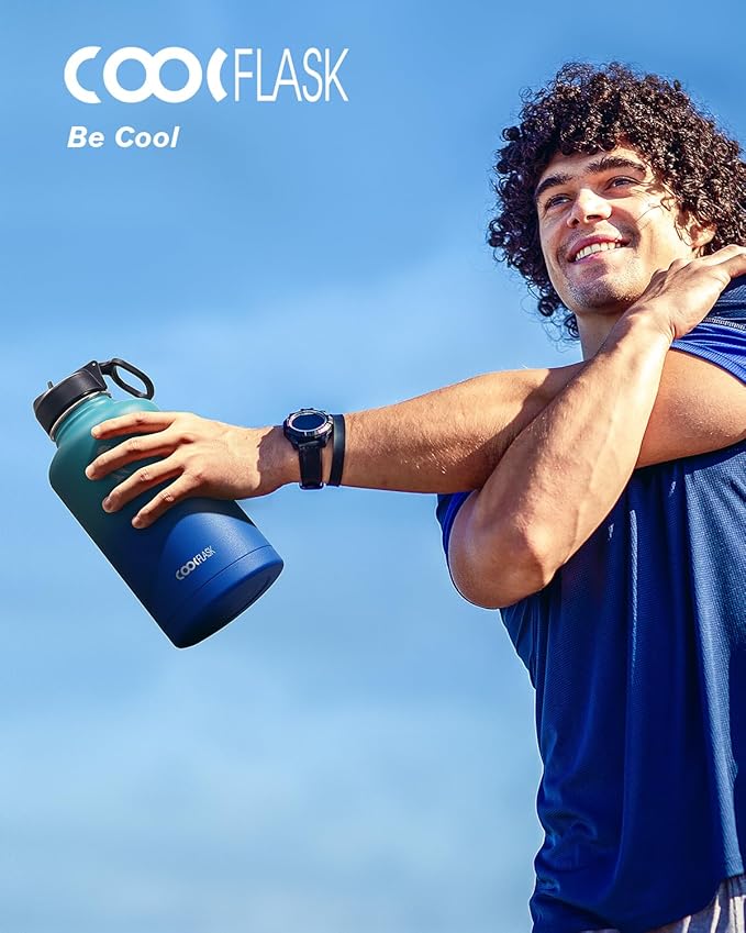 Coolflask Half Gallon Water Bottle Insulated with Straw & 3 Lids, 64 oz Water Jug Large Metal Stainless Steel Wide Mouth for Sports, Gym or Office, Non-BPA Keep Cold 48H Hot 24H, Indigo Blue