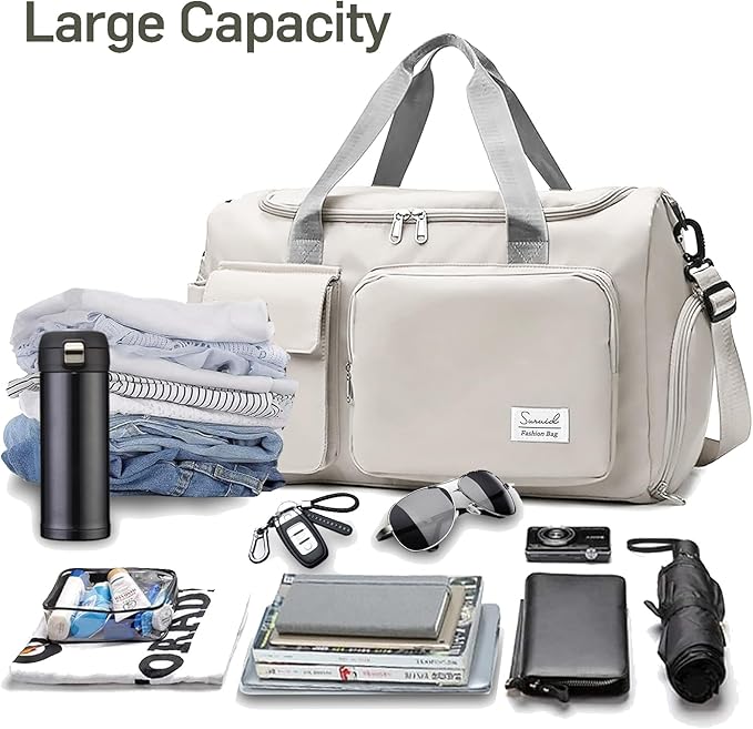 Suruid Travel Duffel Bag with Shoes Compartment Sports Gym Bag with Dry Wet Separated Pocket for Men and Women, Overnight Bag Weekender Bag Training Handbag Yoga Bag - White Gray
