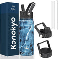 Konokyo 18 oz Insulated Water Bottle Stainless Steel Sport Bottles with 3 Lids,Marble Ocean