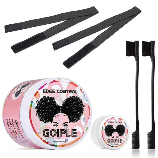 Goiple Edge Control Wax for Women Strong Hold Non-greasy Edge Smoother Strawberry Scent (4oz Edge Control + 0.7oz Travel Szie Edge Control Wax + Edge Brushes*2+Tie Band*2)