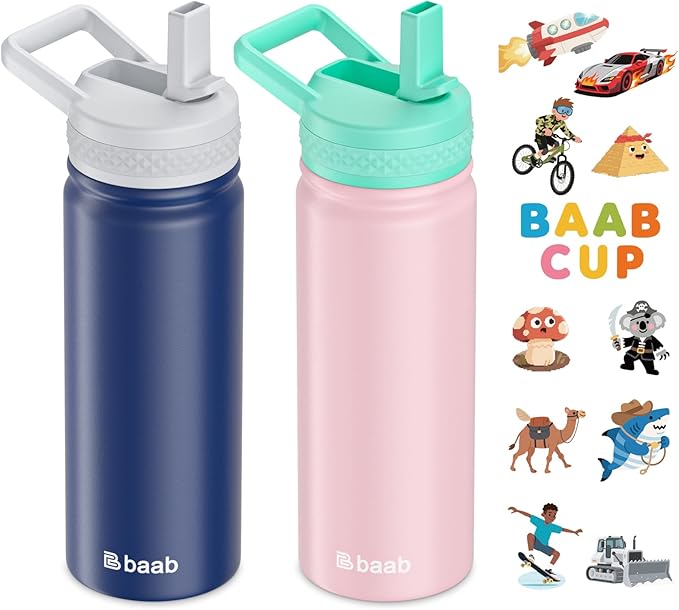 baab 18oz Kids Water Bottle, Insulated Water Bottle with Straw & Stickers, 18/8 Stainless Steel Vacuum Leakproof Kids Water Straw Cup for School, Perfect for Boy Girl (Navy Blue+Pink, 2 Pack)