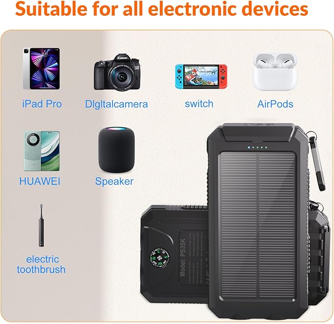 Solar Charger 20,000mAh, Portable Power Bank, 4 Cables Outdoor Waterproof External Backup Phone Charger with USB-C for Cell Phones, Solar Battery Pack with Dual Flashlight for Camping