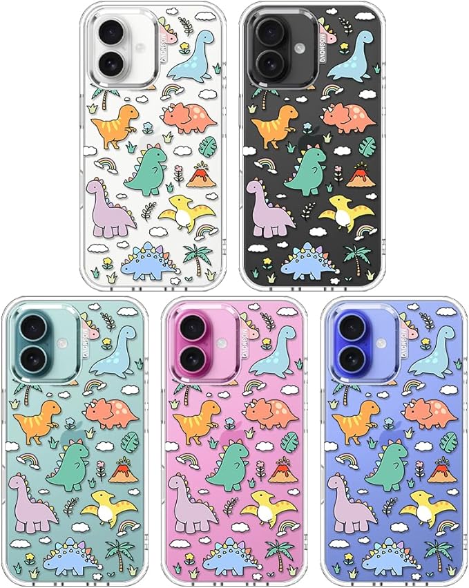 MOSNOVO Case for iPhone 16 Plus, [Buffertech 6.6ft Military-Grade Drop Protection] [Anti Peel Off Tech] Clear TPU Bumper Phone Case Cover Design - Dinosaur Land