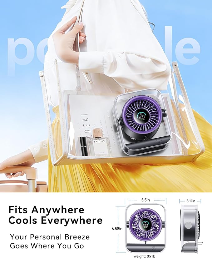 DIGIX Portable Desk Fan for Bedroom, Rechargeable Small Table Fan with 100 Speeds, 90° Rotation, Turbo Airflow, LED Display, Quiet Personal USB Cooling Fan for Office Home Travel Camping, Purple