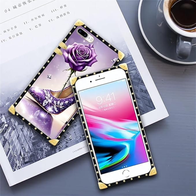 Compatible with iPhone 8 Plus 7 Plus Case, High Heeled Purple Diamond Rose Luxury Golden Decoration for Girl Women Soft TPU Shockproof Protective Hard PC Back for iPhone 8 Plus 7 Plus