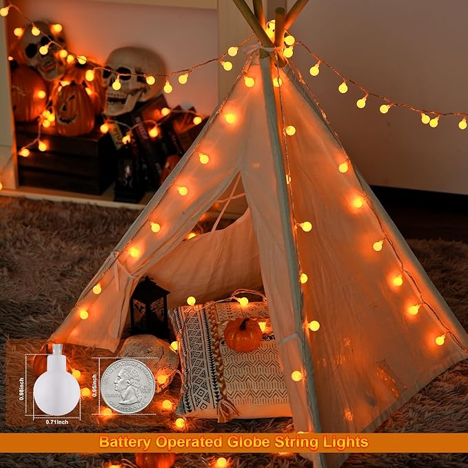JMEXSUSS 100 LED Orange Globe String Lights Battery Operated, 33ft 8 Modes Indoor Christmas Lights with Remote, Battery Powered Fairy Lights Outdoor for Room Bedroom Party Patio Yard Decor