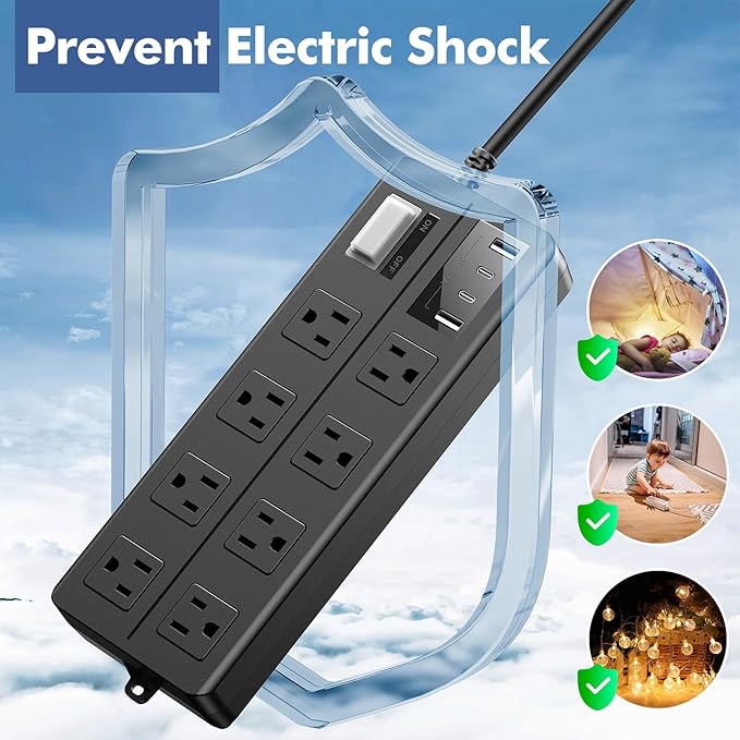 15FT Outdoor Waterproof Power Strip Surge Protector with 8AC Outlets 4USB Ports Power Switch Safety Lock, ETL Certified for Patio Garden Charging