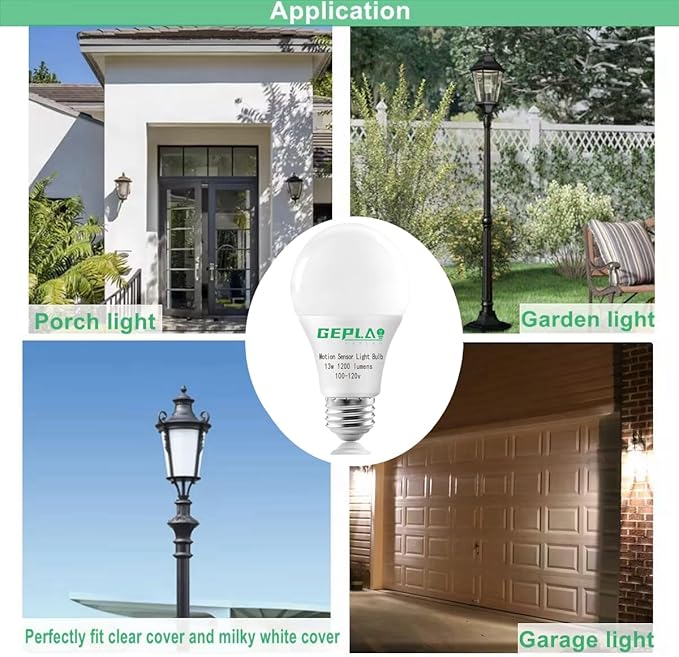 4 Pack Motion Sensor Light Bulbs,12W (100W Equivalent), Motion Activated Dusk to Dawn A19 E26 LED Bulb, Glass-Penetrating Sensor, Upward/Downward Mounting, Indoor & Outdoor for Garage, Porch, Hallway