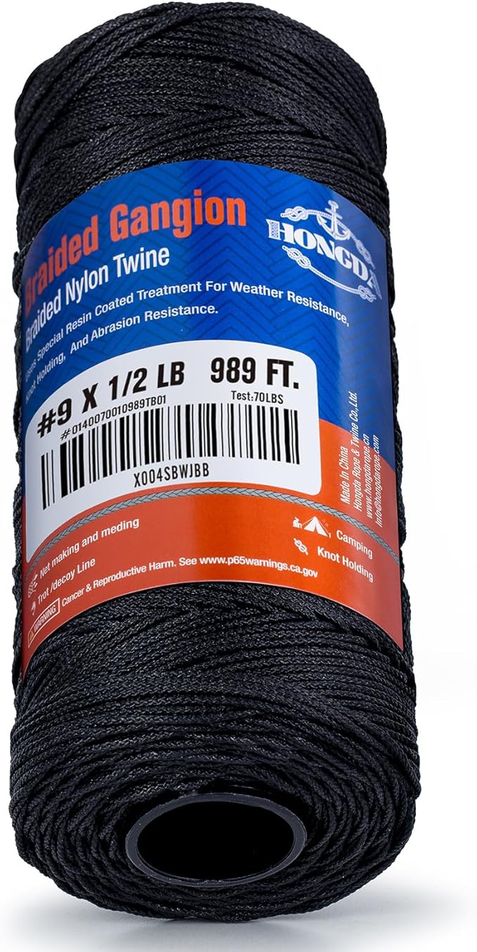 Hongda #9 Braided Bank Line Twine, 989 Feet Black Bonded Nylon Gangion Line (70–300 lb), Predictable Break Strength • Abrasion & UV Resistant • Clean Easy for Offshore Tuna Longline & Groundfish Sets