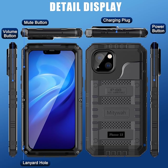 Mitywah Waterproof Case for iPhone 13, Heavy Duty Military Grade Drop Protection Phone Case with Built-in Screen Protector, 360° Full Body Protection Metal Armor Dropproof Case 6.1 inch, Black