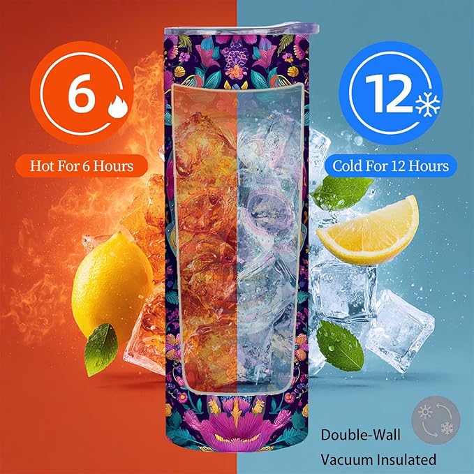 Firmiso 20 oz Tumbler | Skinny Insulated Travel Mug with Leak-proof Lid and Straw | Sugar Skull Floral Stainless Steel Coffee Cup for Hot & Cold Drinks | Day of the Dead Gifts for Women & Men