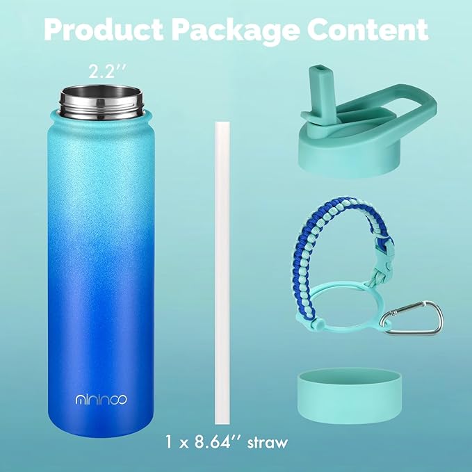 mininoo Insulated Stainless Steel Water Bottle with Straw and Lid for Sports, 24 oz, Pacific Dream