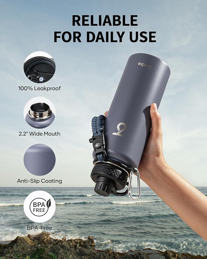 Trebo Water Bottle 40oz with Paracord Handle, Half Gallon Large Vacuum Triple Wall Stainless Steel Insulated Water Jug with Holder Strap Straw Spout Lids, Leakproof Keep Cold & Hot, Grayish purple