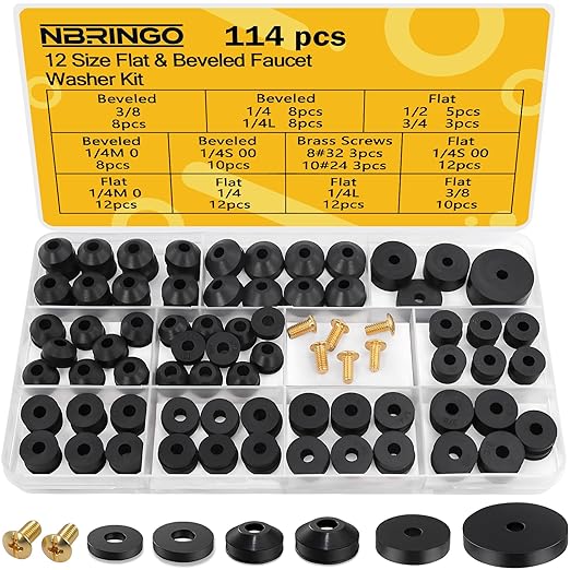 114-Piece 12 Sizes Faucet Washer Assortment Kit - Flat & Beveled Rubber Washers & Brass Bibb Screws for Outdoor Spigot, Hose Bib, Garden Valve Repair Replacement