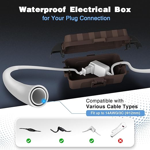 FLEMOON IP55 Outdoor Electrical Box Waterproof with Detachable Awning Covers, 8.3 x 4.1 x 3.7 inch Weatherproof Extension Cord Cover, Easy Installation for Outdoor Plug, Outlet, String Lights, Brown