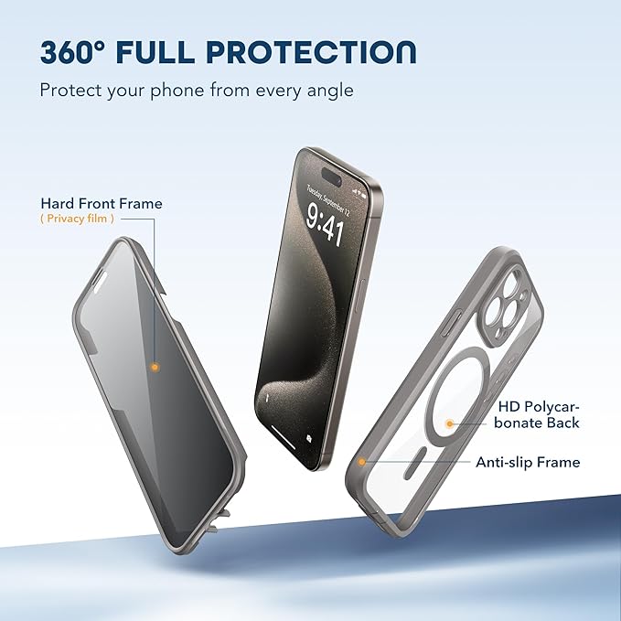 TIESZEN for iPhone 15 Pro Case, Compatible with MagSafe, Built-in Privacy Screen Protector and Camera Protection, Anti Spy Full Body Dustproof Shockproof Hard Phone Case 6.1", Deep Grey
