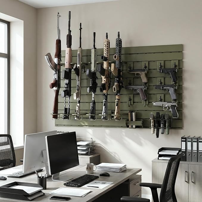Wall Rack System - Heavy-Duty Aluminium Tactical Storage for Rifles, Carbines, Shotguns & Handguns, Modular Slatwall Organizer Holds up to 3 Rifles, 7 Pistols & 4 Mags