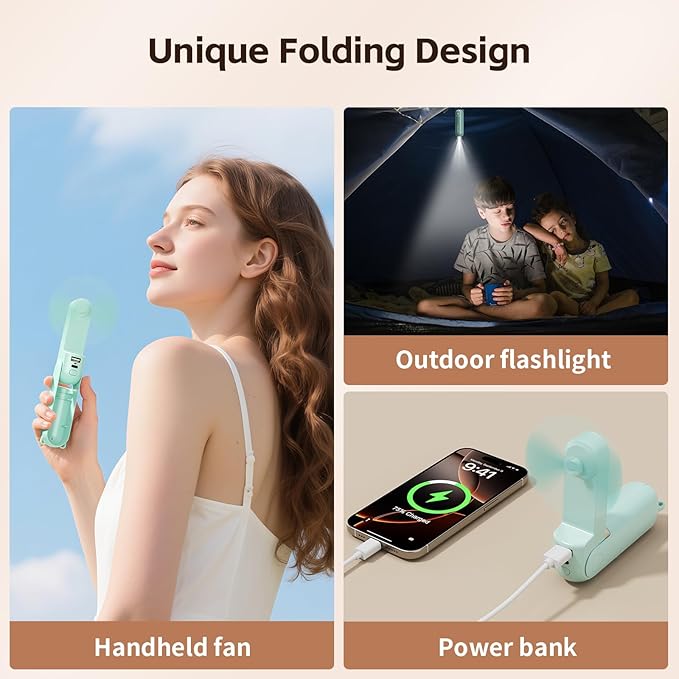 Mini Handheld Fan,USB Rechargeable 3 IN 1 Personal Cooler Fans with Power Bank,LED Flashlight,Small Foldable Portable Pocket Fan-Travel & Emergency Essentials for Outdoor Cyan
