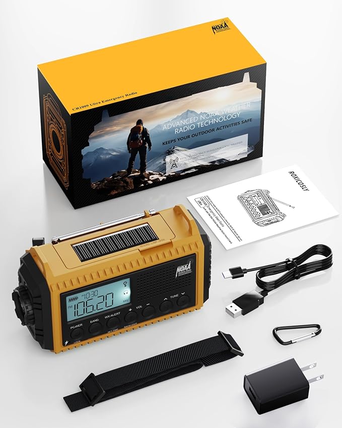Emergency Radio,Hand Crank NOAA Weather Radio with 12000mAh Rechargeable Battery, LCD Display,Auto Alert,AM/FM/Shortwave,SOS,USB Charging Port,Flashlight,Portable Solar Radio for Power Outage/Survival