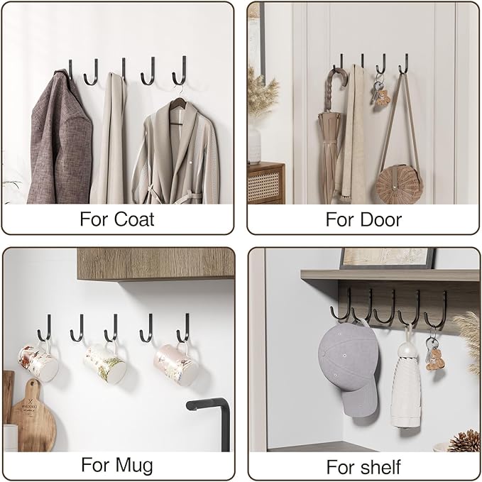 Wall Hooks for Hanging Towel/Coat - 22LB Screw in Metal Hanger Wall Mount, for Outdoor, Closet, Door, Bathrooms, for Backpack, Robe, Black 5 Pack