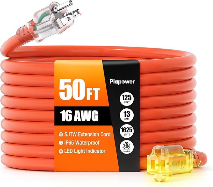 50 FT Outdoor Extension Cord Waterproof, 16/3 Gauge Heavy Duty 3 Prong Power Cord with Lighted Indicator End, 13A 125V 1625W SJTW, ETL Listed, Great for Lawn/Garden/Home(Orange)