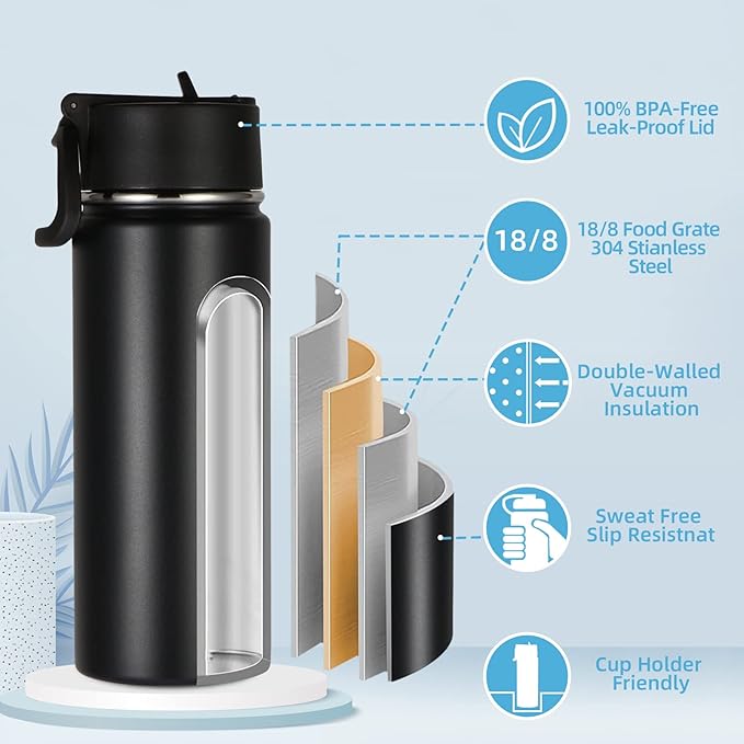 Volhoply 18oz Kids Insulated Water Bottle,Stainless Steel Water Bottles with Straw Lid,Double Wall Vacuum Reusable Metal Water Bottle,Wide Mouth Sports Water Flask For Cold Drink(Black,1 Set)
