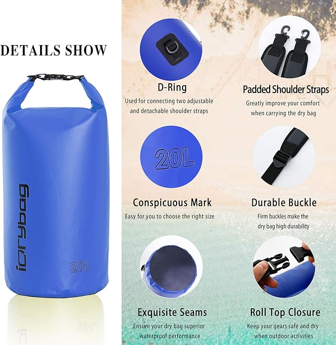 IDRYBAG Dry Bag for Kayaking Waterproof 2L/5L/10L/15L/20L, Small Dry Sack Waterproof Bag for Boating