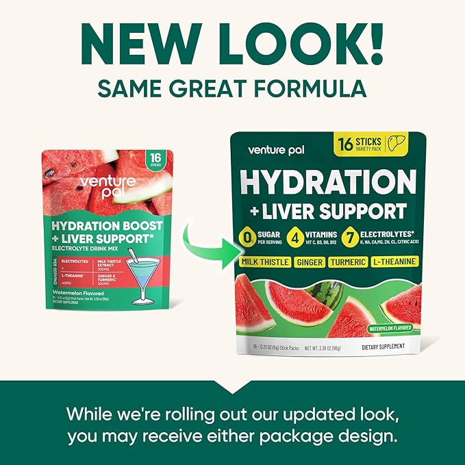 Venture Pal Hydration Packets + Liver Support- Liquid Daily IV Electrolyte Powder Packets with 7 Electrolytes & 5 Vitamins, Milk Thistle + L-Theanine | Sugar-Free | Keto Friendly | Vegan, 16 Sticks