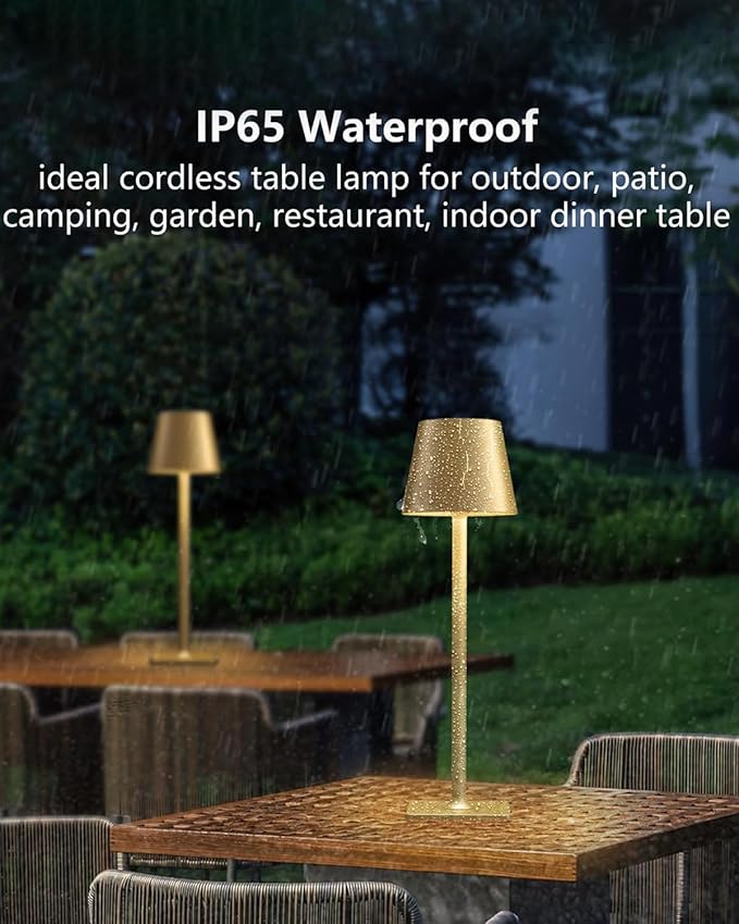 Fizrice Cordless Table Lamp, 6000mAh Battery Operated, 250LM Adjustable Brightness IP65 Height Adjustable - Set of 2 Gold Wireless Lamps for Restaurant Patio Bedside Outdoor Cafe & Home Decor