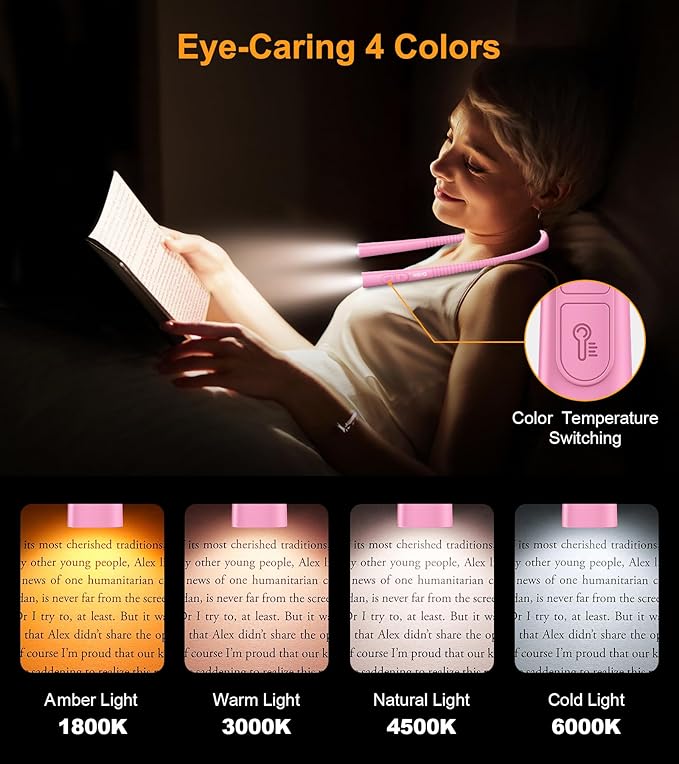 Gritin Book Light, Eye Caring 4-Color & 5-Brightness Neck Light Reading Light- Stepless Dimming,30-min Timer,80+ Hrs Runtime,Bendable Round Neck Design, Lightweight for Reading-Rose