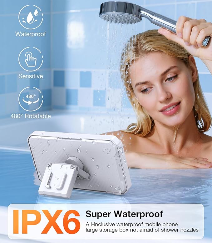Coolpow Shower Phone Holder Waterproof Phone Holder for Shower Wall Waterproof【Anti-Fog】480°Adjustable Retractable Bathroom Phone Holder Mount Stand Water Proof Shower Case for iphone 4-7" Cellphones