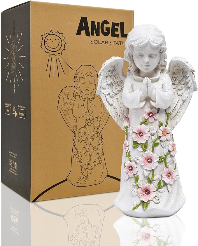 Nacome Garden Outdoor Statues Angel with Succulent and 7 LED Lights – Lawn Decor for Patio, Balcony, Yard Ornament for Mom Grandma Women