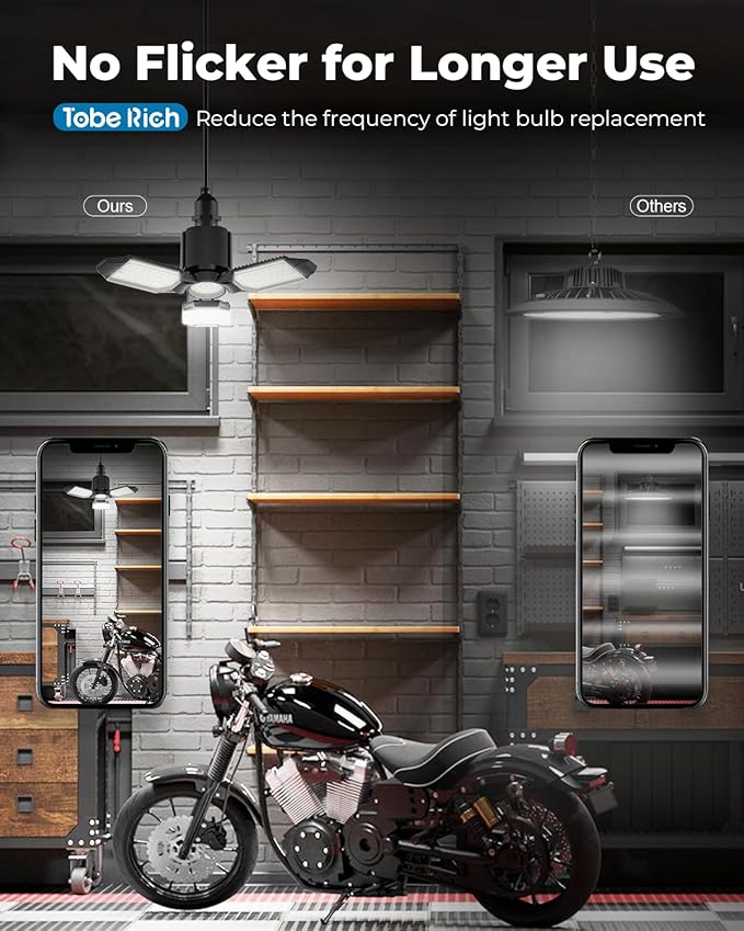 toberich LED Garage Light Bulbs 2 Pack, 8000LM Shop Lights with 3+1 Deformable Panels, 6500K Screw in Ceiling Lights Bay Lighting for Garage, Workshop, Workbench, Basement