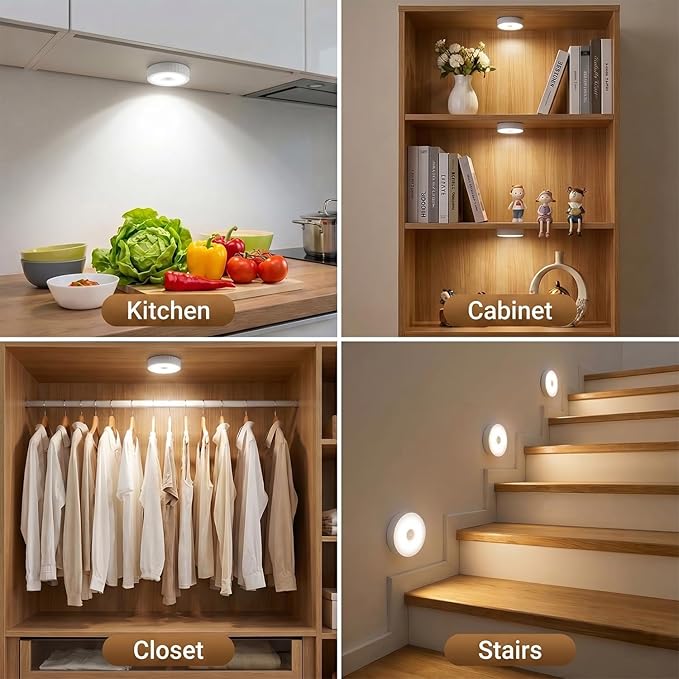 5Pack Under Cabinet Lighting, 2000mAh Rechargeable LED Puck Lights, Magnetic Closet Lights, Wireless Under Counter Lights for Kitchen, Stairs