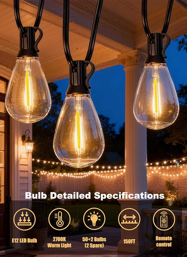 150FT Outdoor String Lights Waterproof, 50+2 Shatterproof S11 LED Bulbs, Extra Long Patio Lights for Outside, Bistro Cafe Decor, Backyard Garden Hanging Lights, Outside Fence Light String