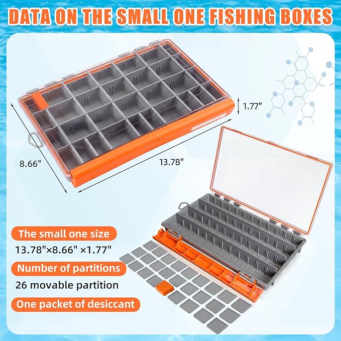 Junkin 6 Pack 3700 Fishing Tackle Boxes Waterproof, Large Orange Lure Organizer Trays with Custom Dividers, Airtight Tackle Storage Case for Saltwater Baits, Swimbaits & Boat Bag Accessories