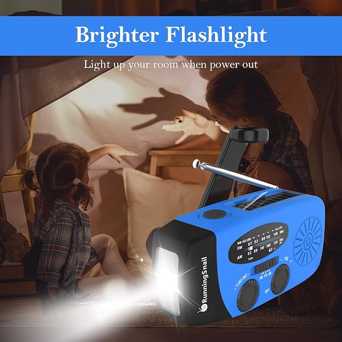 Emergency Hand Crank Radio with LED Flashlight for Emergency, AM/FM Portable Weather Radio with 2000mAh Power Bank Phone Charger, USB Charged & Solar Power for Camping, Emergency(Blue)