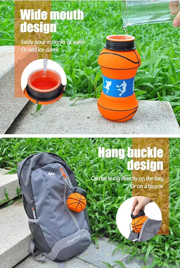 Soccer Water Bottle, 34oz Collapsible Silicone BPA-Free Kids Sports Bottle, Basketball Design, Perfect for Cycling, Travel, Hiking