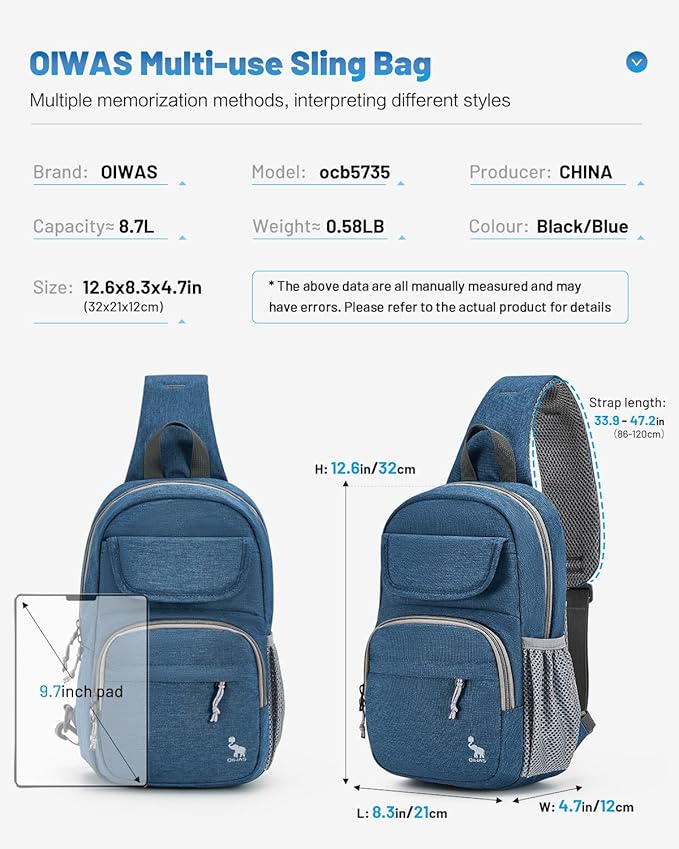 OIWAS Sling Bag Crossbody Backpack for Men, One Strap Backpack Hiking Daypack Chest Bag for Women