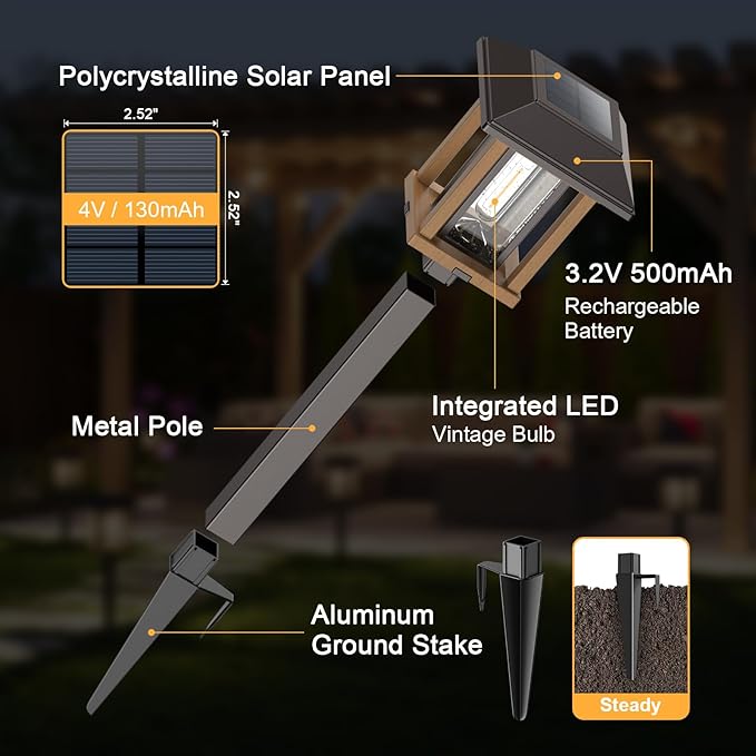XMCOSY+ 4-Pack Solar Pathway Lights Outdoor, 25 Lumens Vintage Edison LED Landscape Lighting, IP65 Waterproof Seeded Glass & Metal Stakes Solar Powered Garden Lights for Yard Patio Walkway Driveway