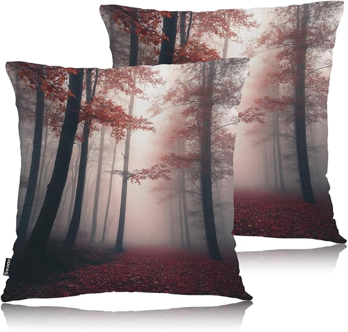 Swono Foggy Forest Throw Pillow Cases Pack of 2, Misty Autumn Tree Woods Landscape Square Cushion Covers Decor Pillow Covers for Couch Sofa Home Farmhouse Decoration 18 X 18 Inches Pillowcases