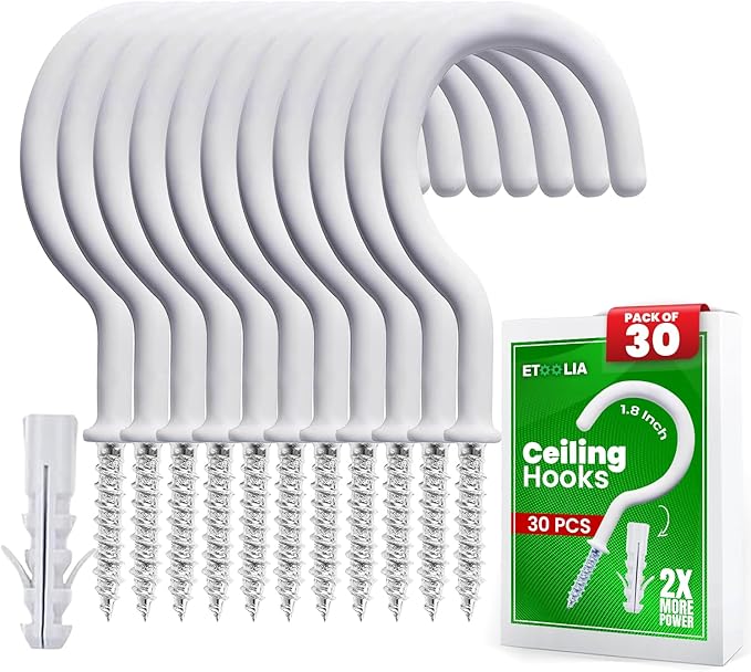 30 Pcs Ceiling Hooks for Hanging Plants, Cups, Utensils and Lights, 1-1/4 inch Vinyl Coated Screw-in Plant and Cup Hooks for Wooden and Drywall with Anchors